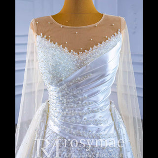 Sheath Satin Long Sleeve Wedding Dress with Detachable Overskirt - Rosymae