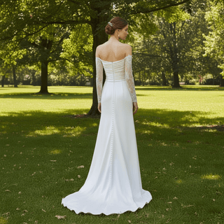 Sheath Satin Wedding Dress with Off-The-Shoulder Long-Sleeve - Rosymae