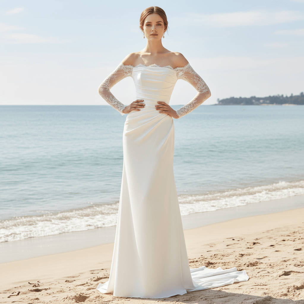 Sheath Satin Wedding Dress with Off-The-Shoulder Long-Sleeve - Rosymae