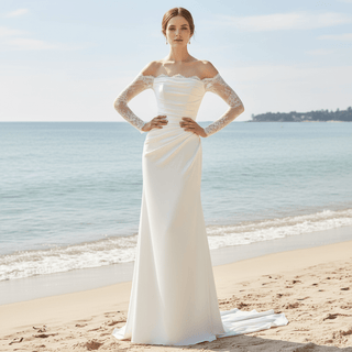 Sheath Satin Wedding Dress with Off-The-Shoulder Long-Sleeve - Rosymae