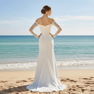 Sheath Satin Wedding Dress with Off-The-Shoulder Long-Sleeve - Rosymae
