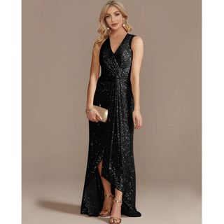 Sheath V Neck Hi-Lo Evening Dress Sequin Party Prom Dresses - Rosymae