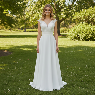 Simple Sheath Chiffon Wedding Dress with Vneck and Capped Sleeves