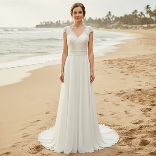 Simple Sheath Chiffon Wedding Dress with Vneck and Capped Sleeves