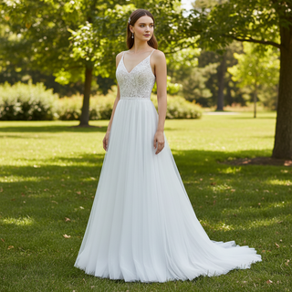 Tulle Simple V-neck Sheath Wedding Dress with Spaghetti Straps