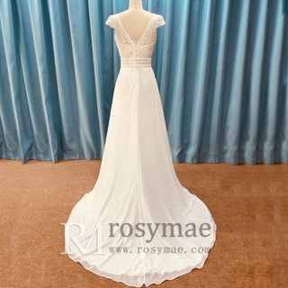 Sheath Chiffon Wedding Dress with Vneck and Capped Sleeves