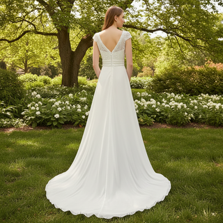 Simple Sheath Chiffon Wedding Dress with Vneck and Capped Sleeves