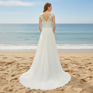 Simple Sheath Chiffon Wedding Dress with Vneck and Capped Sleeves