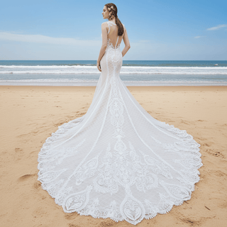 Sheer 3D Floral Lace Mermaid Bridal Gown Wedding Dress - Rosymae