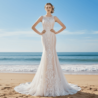 Sheer 3D Floral Lace Mermaid Bridal Gown Wedding Dress - Rosymae