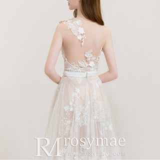 A-line Sweetheart Neck Wedding Dress with Floral Lace and Sash