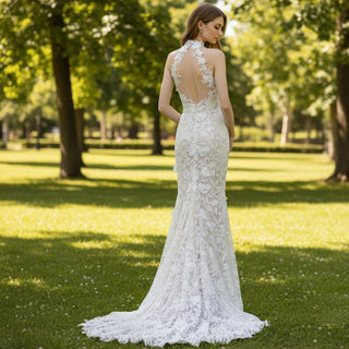 Sheer Back Halter Lace Mermaid Wedding Dress with Cape - Rosymae