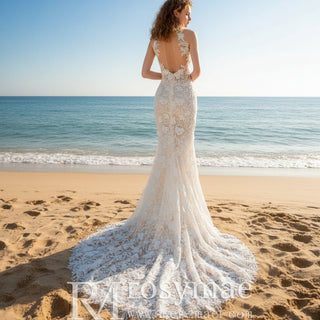 Sheer Back Halter Lace Mermaid Wedding Dress with Cape - Rosymae