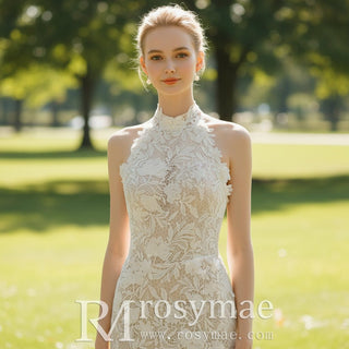 Sheer Back Halter Lace Mermaid Wedding Dress with Cape - Rosymae