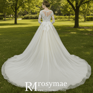 Sheer Ballgown Champagne Wedding Dresses & Gowns with 3/4 Sleeves - Rosymae