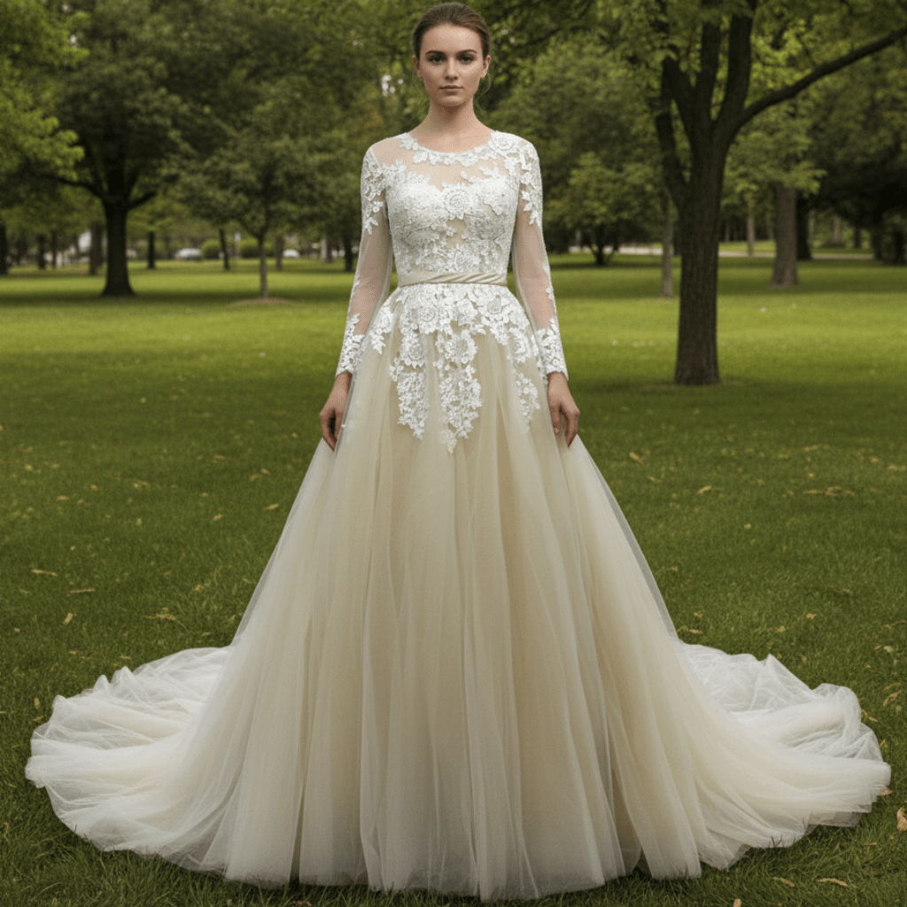 Sheer Ballgown Champagne Wedding Dresses & Gowns with 3/4 Sleeves - Rosymae