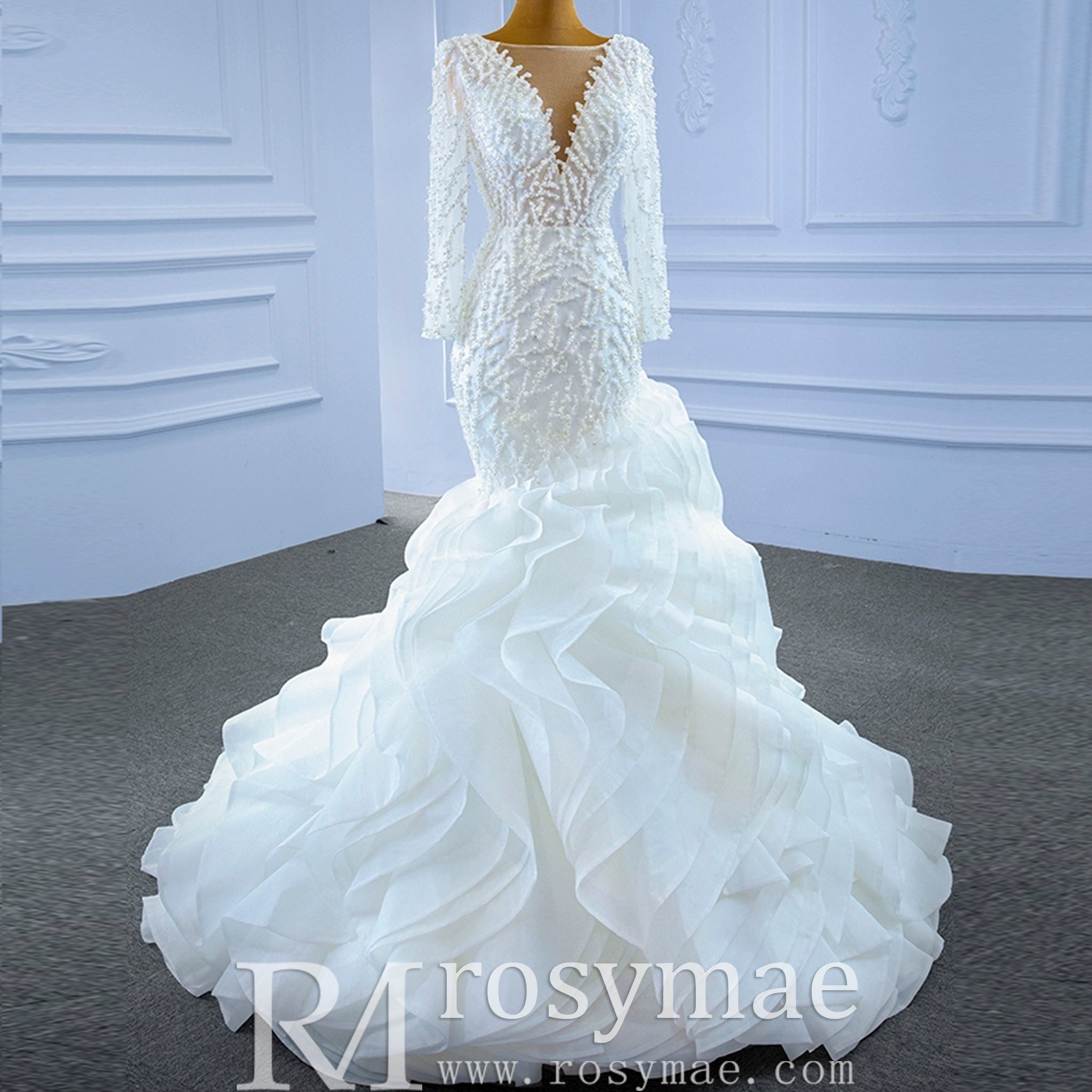 Sheer Boat Neck Mermaid Ruffle Wedding Dress with Long Sleeve - Rosymae