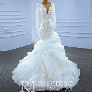 Sheer Boat Neck Mermaid Ruffle Wedding Dress with Long Sleeve - Rosymae