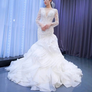 Sheer Boat Neck Mermaid Ruffle Wedding Dress with Long Sleeve - Rosymae