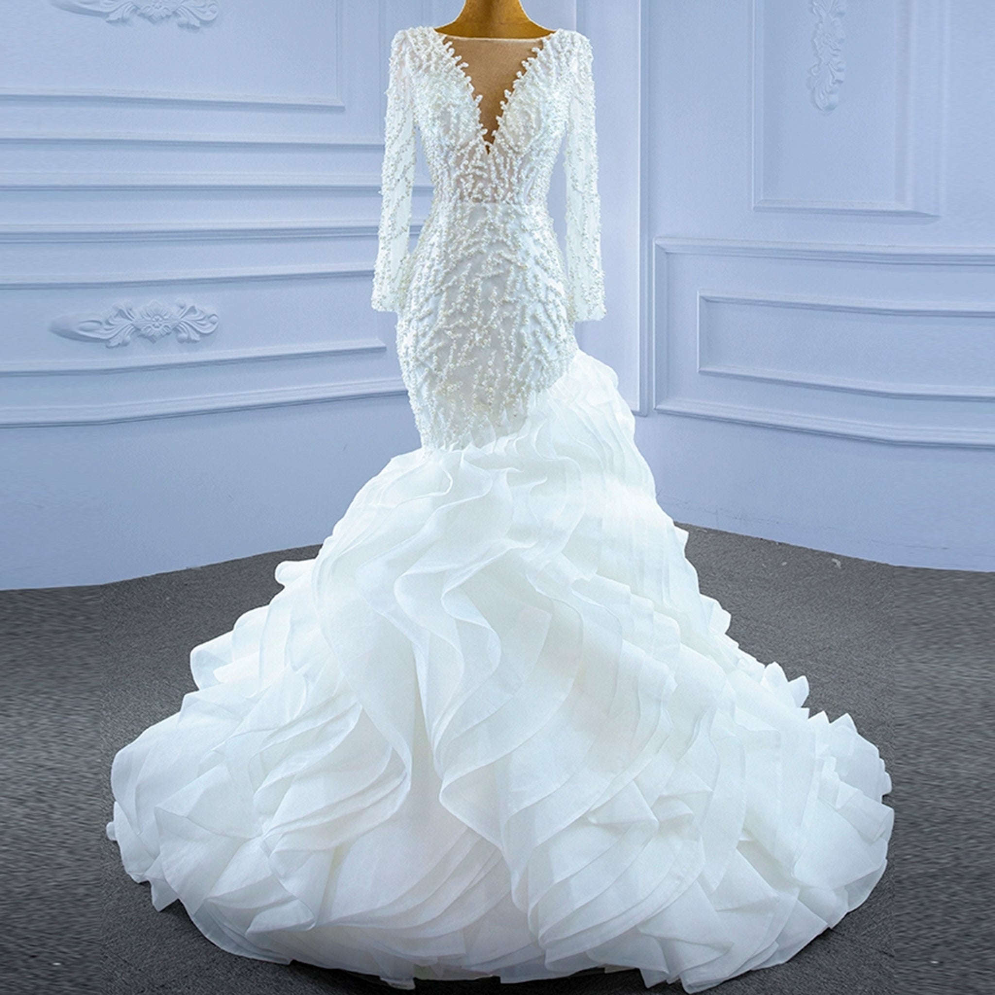 Sheer Boat Neck Mermaid Ruffle Wedding Dress with Long Sleeve - Rosymae