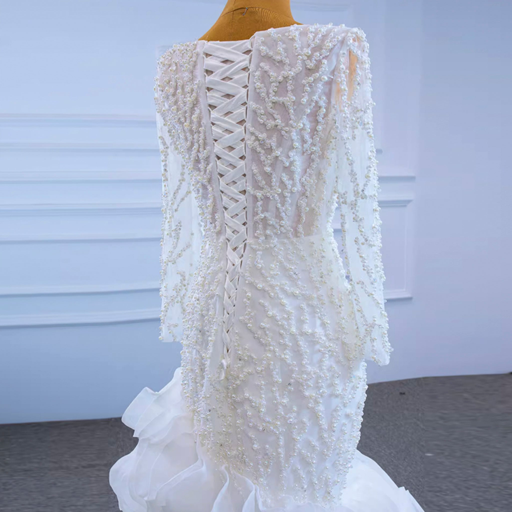 Sheer Boat Neck Mermaid Ruffle Wedding Dress with Long Sleeve - Rosymae