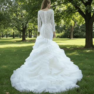 Sheer Boat Neck Mermaid Ruffle Wedding Dress with Long Sleeve - Rosymae