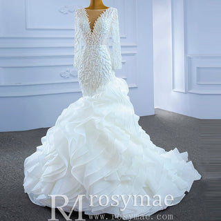 Sheer Boat Neck Mermaid Ruffle Wedding Dress with Long Sleeve - Rosymae