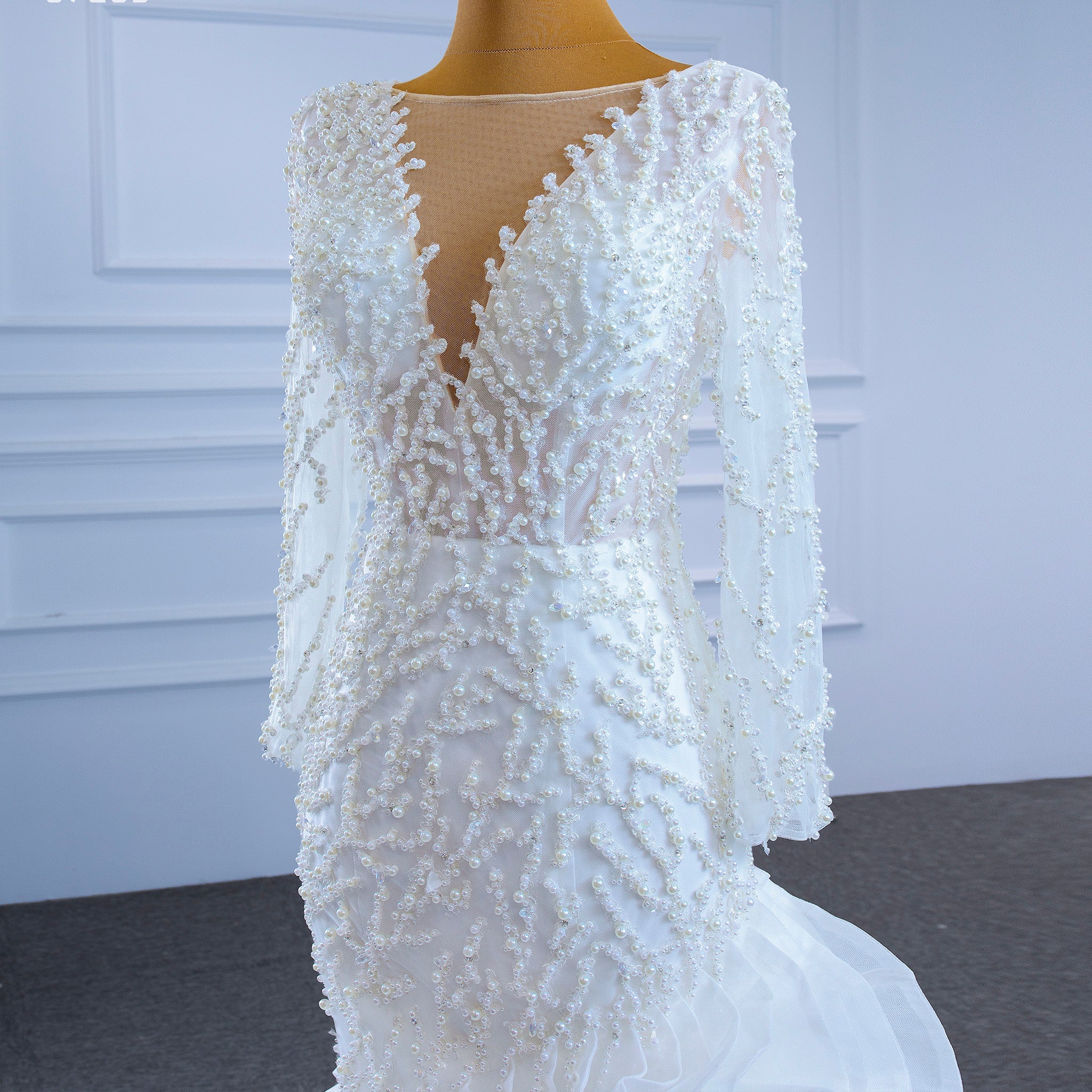 Sheer Boat Neck Mermaid Ruffle Wedding Dress with Long Sleeve - Rosymae