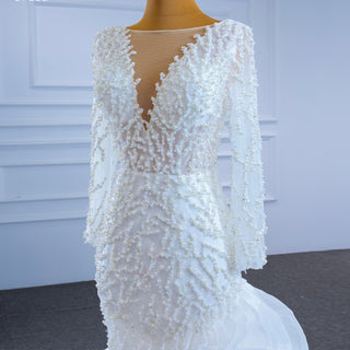 Sheer Boat Neck Mermaid Ruffle Wedding Dress with Long Sleeve - Rosymae