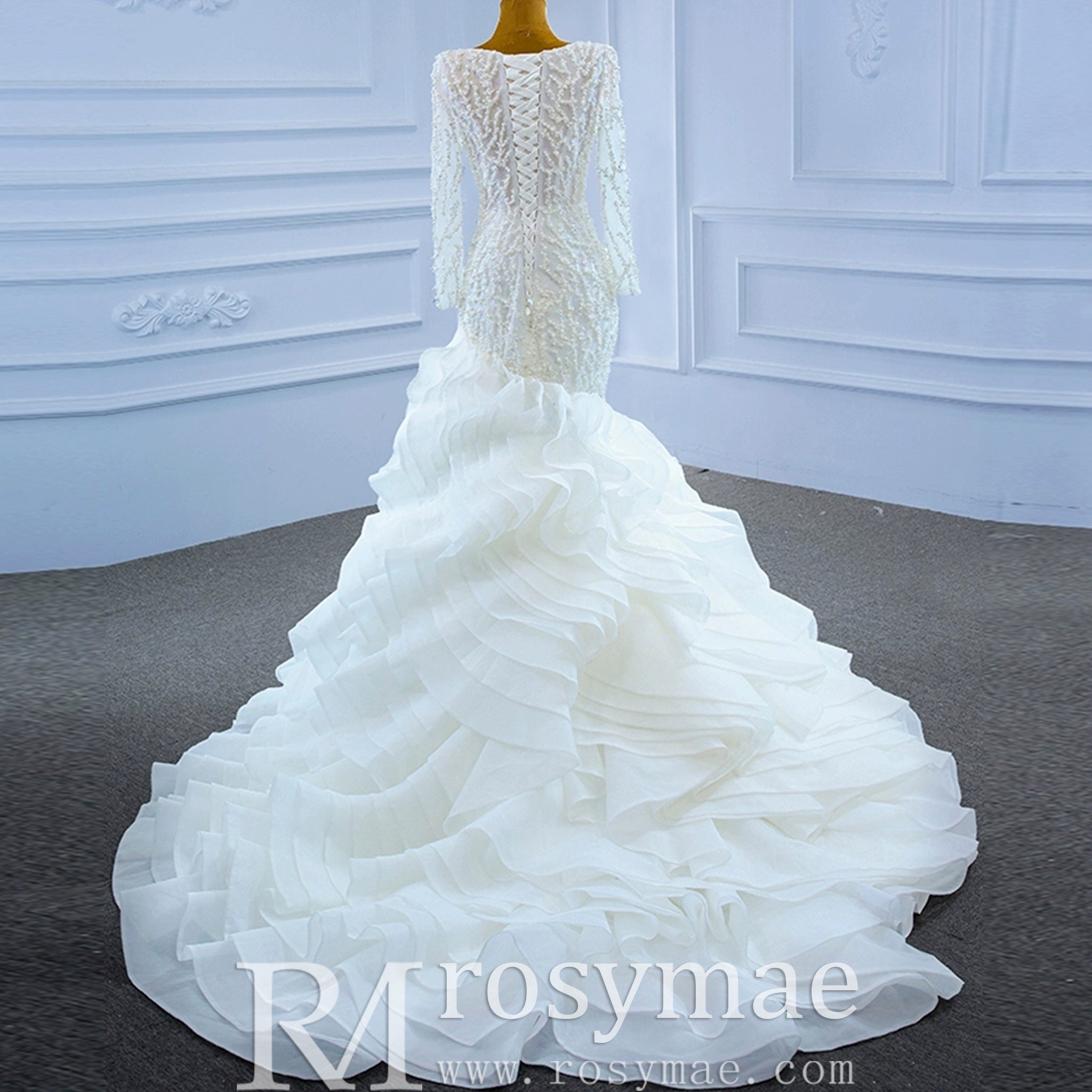 Sheer Boat Neck Mermaid Ruffle Wedding Dress with Long Sleeve - Rosymae