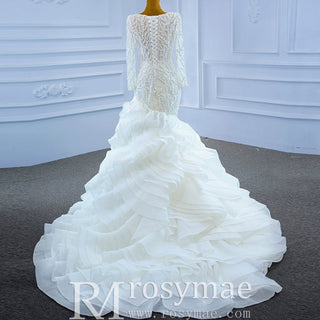 Sheer Boat Neck Mermaid Ruffle Wedding Dress with Long Sleeve - Rosymae