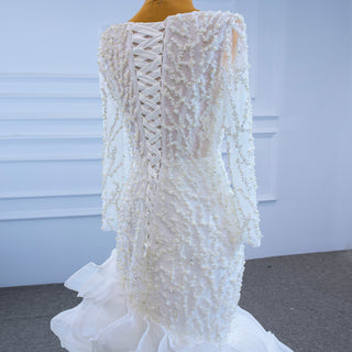 Sheer Boat Neck Mermaid Ruffle Wedding Dress with Long Sleeve - Rosymae