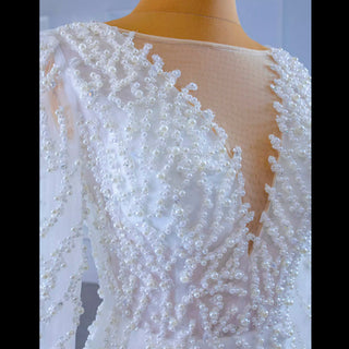 Sheer Boat Neck Mermaid Ruffle Wedding Dress with Long Sleeve - Rosymae