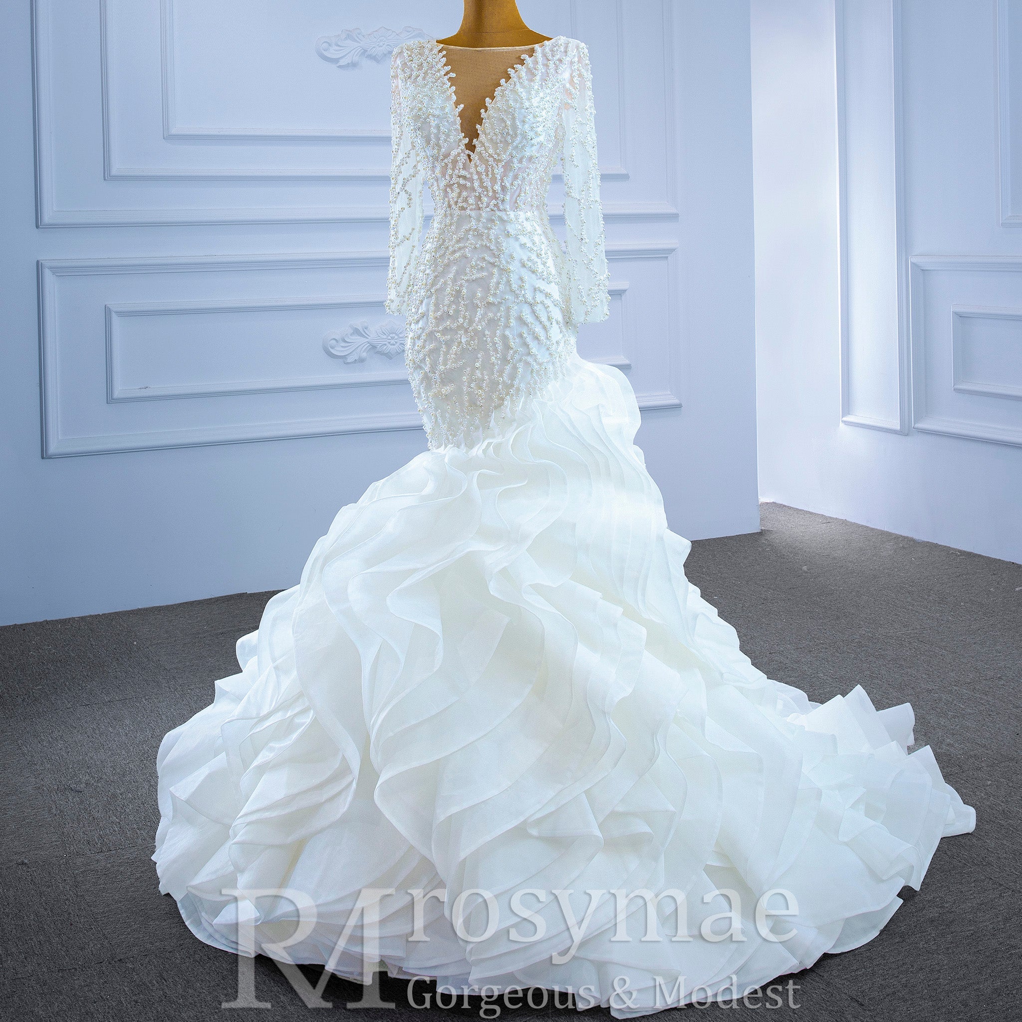 Sheer Boat Neck Mermaid Ruffle Wedding Dress with Long Sleeve - Rosymae