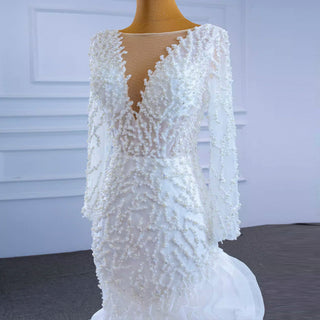 Sheer Boat Neck Mermaid Ruffle Wedding Dress with Long Sleeve - Rosymae