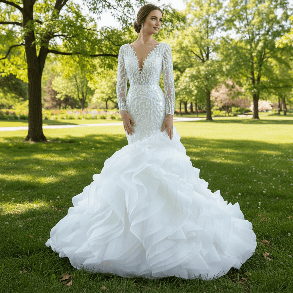 Sheer Boat Neck Mermaid Ruffle Wedding Dress with Long Sleeve - Rosymae
