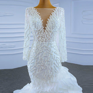 Sheer Boat Neck Mermaid Ruffle Wedding Dress with Long Sleeve - Rosymae