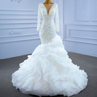 Sheer Boat Neck Mermaid Ruffle Wedding Dress with Long Sleeve - Rosymae