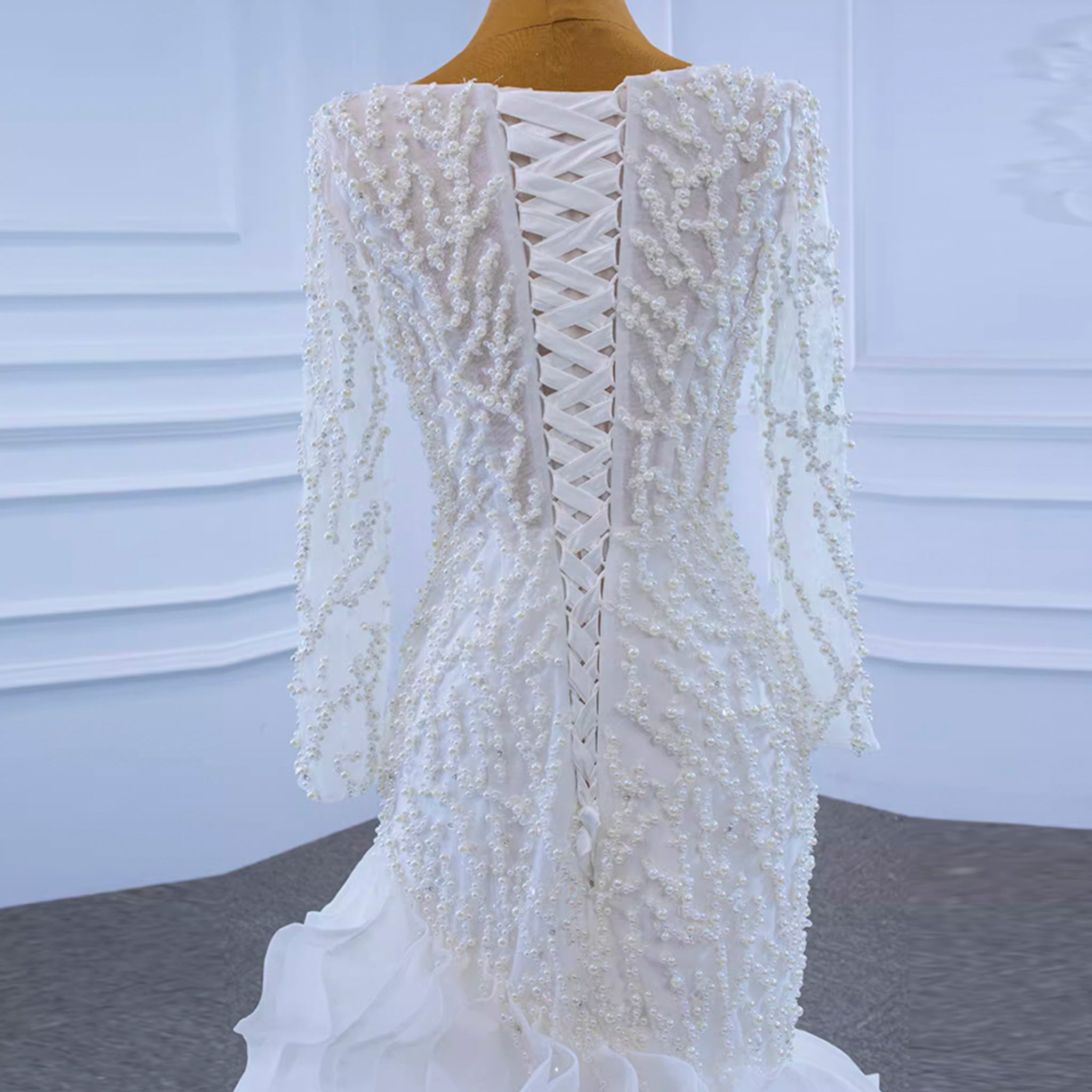 Sheer Boat Neck Mermaid Ruffle Wedding Dress with Long Sleeve - Rosymae