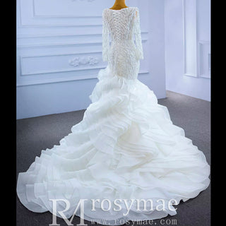 Sheer Boat Neck Mermaid Ruffle Wedding Dress with Long Sleeve - Rosymae