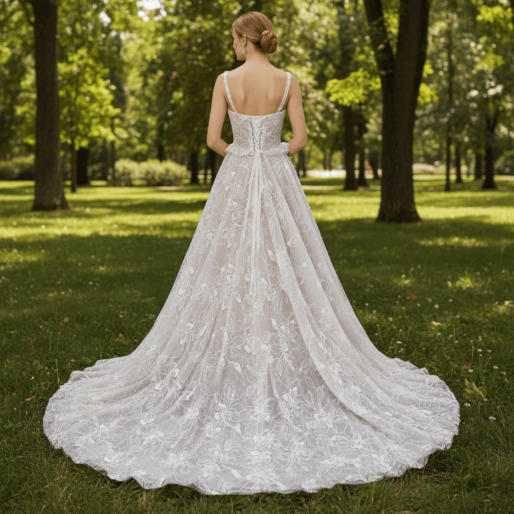 Sheer Bodice A-Line Floral Lace Motifs Wedding Dress with Square Neckline - Rosymae