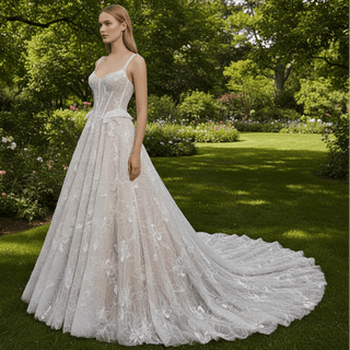 Sheer Bodice A-Line Floral Lace Motifs Wedding Dress with Square Neckline - Rosymae