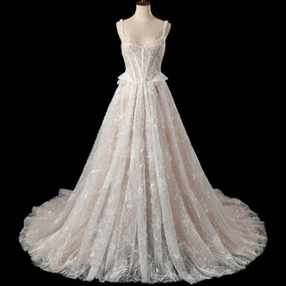 Sheer Bodice A-Line Floral Lace Motifs Wedding Dress with Square Neckline - Rosymae
