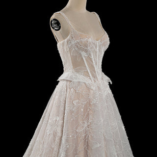 Sheer Bodice A-Line Floral Lace Motifs Wedding Dress with Square Neckline - Rosymae