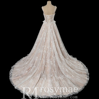 Sheer Bodice A-Line Floral Lace Motifs Wedding Dress with Square Neckline - Rosymae