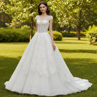 Lace Vintage Cap Sleeve Wedding Dress with Sheer Bodice Rosymae Lace Vintage Cap Sleeve Wedding Dress with Sheer Bodice Rosymae
