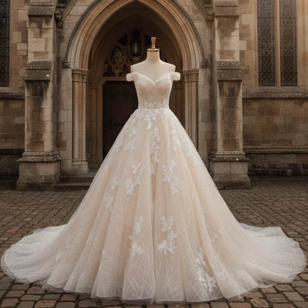 Off the Shoulder Sheer Bodice Elegant Wedding Dress with Chapel Train Rosymae Off the Shoulder Sheer Bodice Elegant Wedding Dress with Chapel Train Rosymae