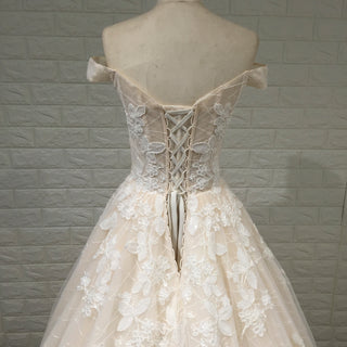 Off the Shoulder Sheer Bodice Elegant Wedding Dress with Chapel Train