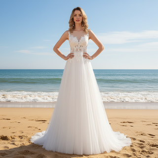 Sheer Bodice and Neckline A-line Tulle and Lace Wedding Dress