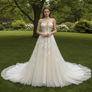 Sheer Bodice Lace Boho Wedding Dress with Off Shoulder Sleeve